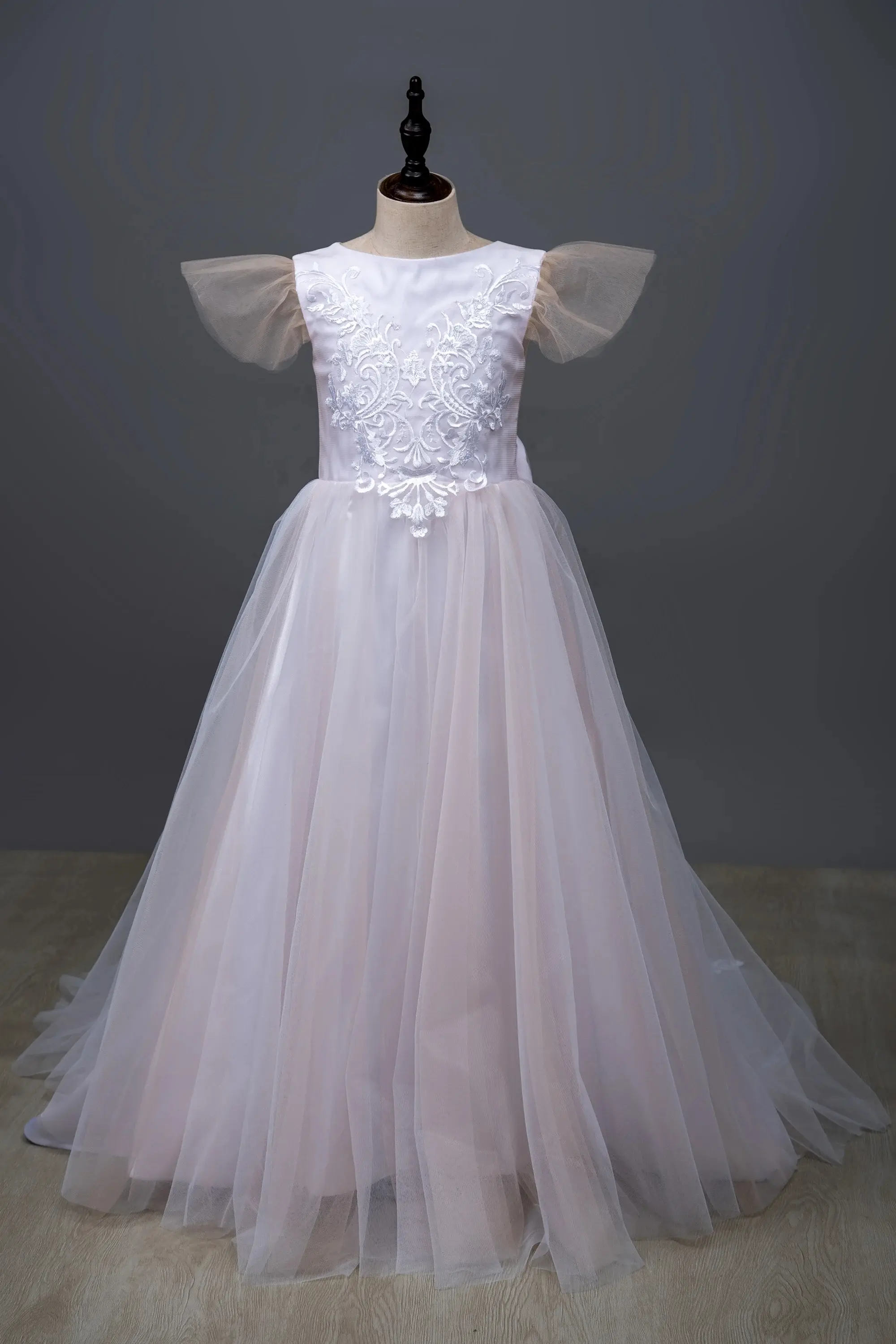 MisShow Wedding Flower Girl Dresses Lace Appliques O-Neck Sleeveless Kids Princess Dress Tulle Button-Back Bow Train Ball Gowns