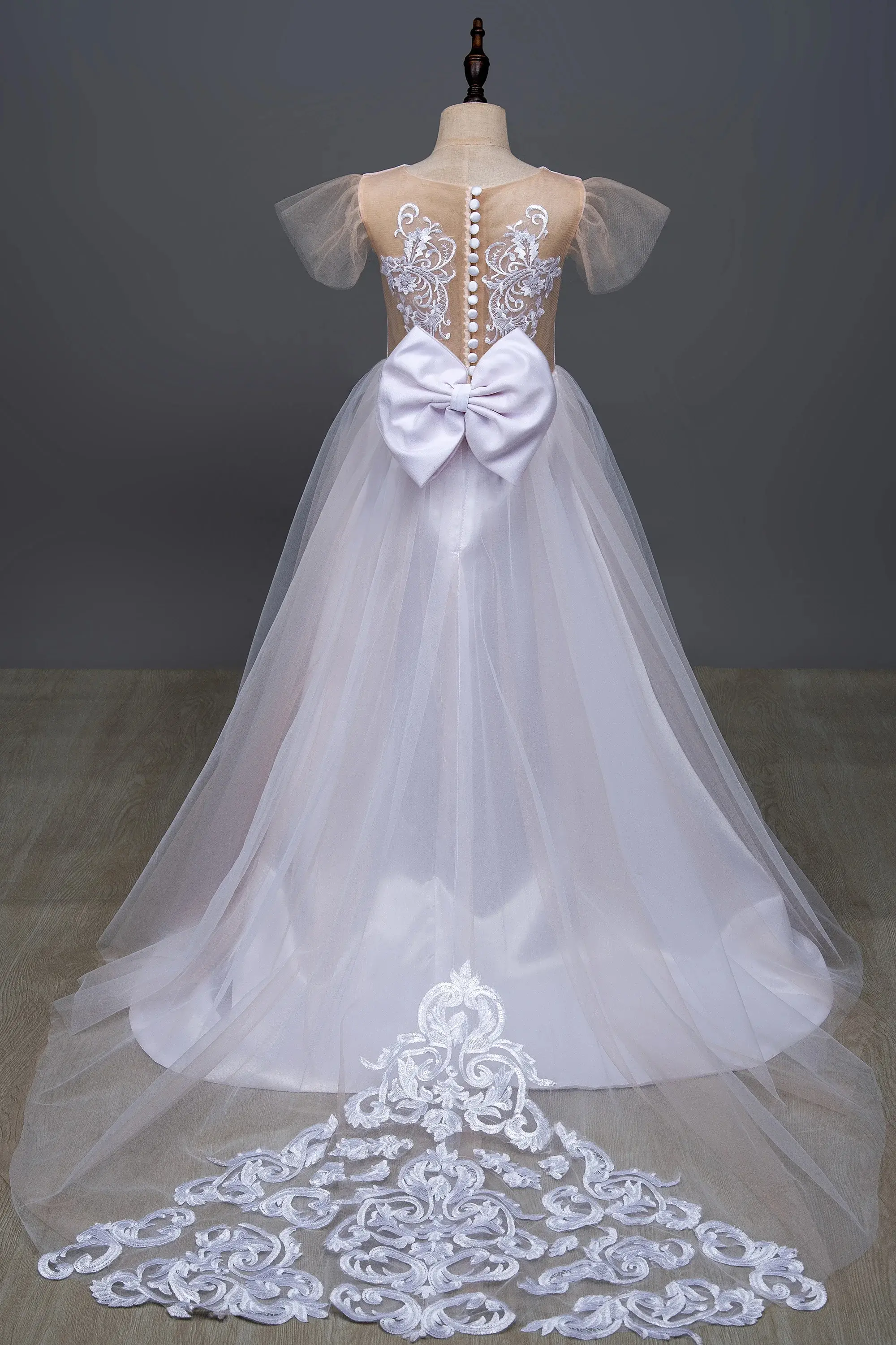 MisShow Wedding Flower Girl Dresses Lace Appliques O-Neck Sleeveless Kids Princess Dress Tulle Button-Back Bow Train Ball Gowns