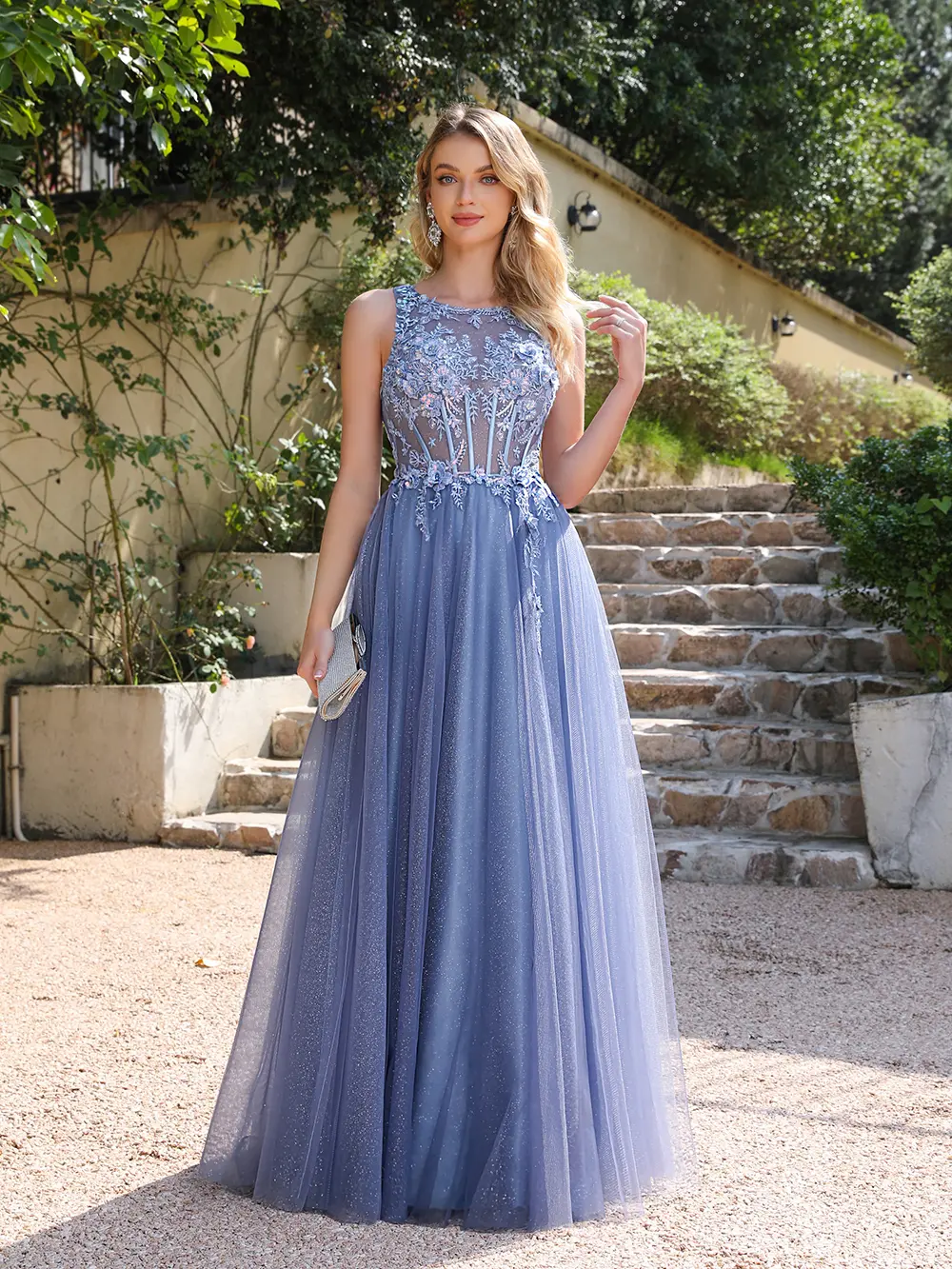 Dusty Blue Shiny Evening Dresses Sexy Illusion Appliques O-Neck Fish Bone Backless Halter Gowns Twinkle Tulle Prom Party Dress