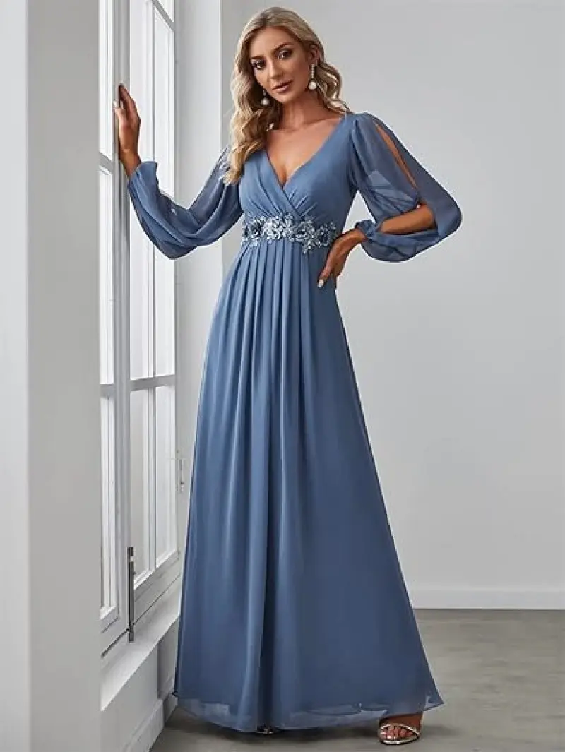 MisShow Haze Blue Evening Dresses Sexy Deep V-Neck Hollow Long Sleeve Prom Dress Lace Appliques Empire A-Line Maxi Party Vestido