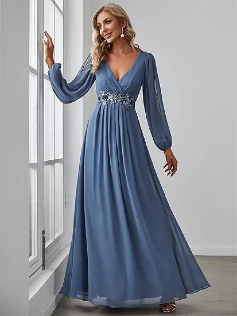 MisShow Haze Blue Evening Dresses Sexy Deep V-Neck Hollow Long Sleeve Prom Dress Lace Appliques Empire A-Line Maxi Party Vestido