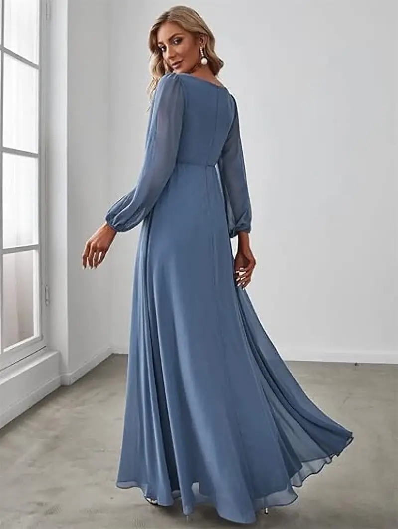 MisShow Haze Blue Evening Dresses Sexy Deep V-Neck Hollow Long Sleeve Prom Dress Lace Appliques Empire A-Line Maxi Party Vestido