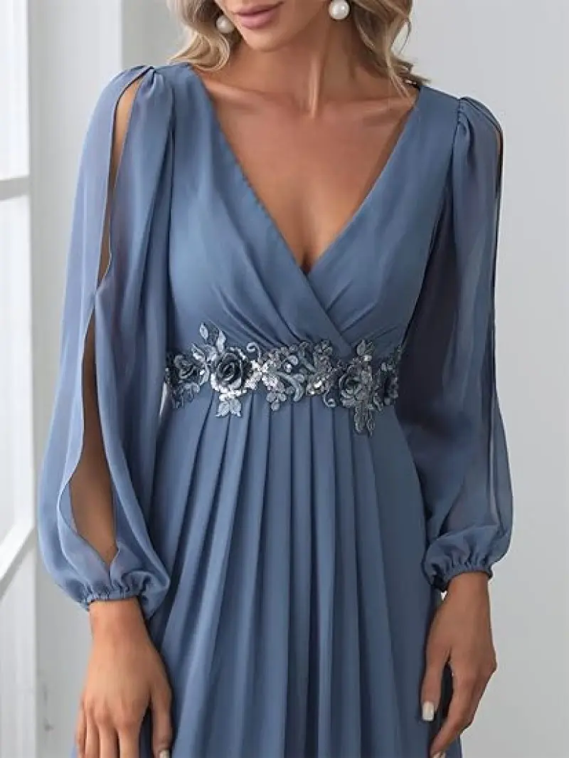 MisShow Haze Blue Evening Dresses Sexy Deep V-Neck Hollow Long Sleeve Prom Dress Lace Appliques Empire A-Line Maxi Party Vestido