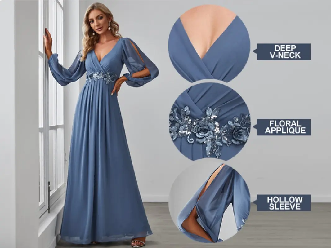 MisShow Haze Blue Evening Dresses Sexy Deep V-Neck Hollow Long Sleeve Prom Dress Lace Appliques Empire A-Line Maxi Party Vestido