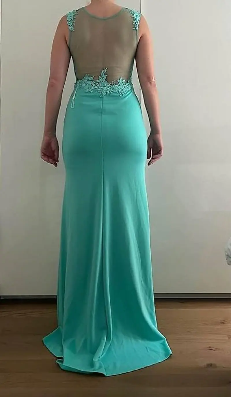 MisShow Malachite Green Evening Dress Sheer Illusion Lace Appliques O-Neck Backless Mermaid Dress Empire Sheath Train Vestidos