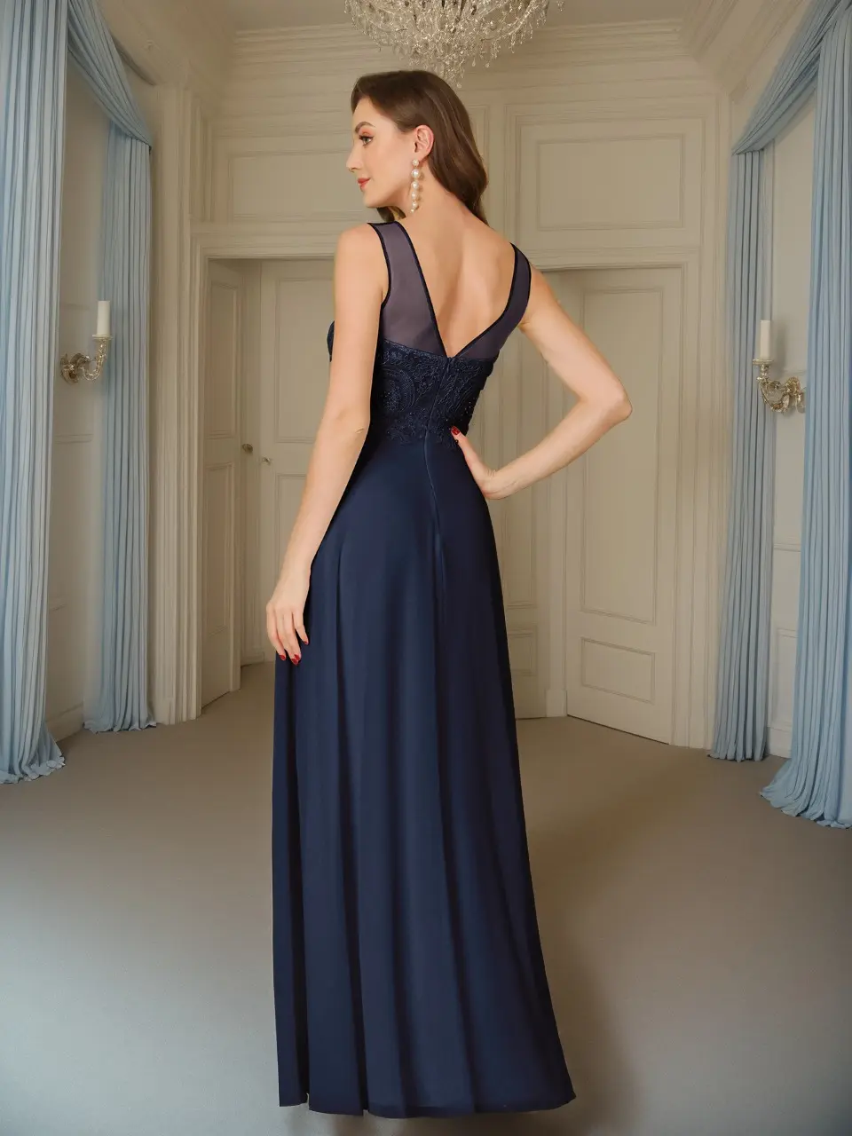 MisShow Elegant Bridesmaid Dresses Sheer Illusion O-Neck V-Backless Evening Dress Beaded Lace Appliques A-Line Long Party Gowns