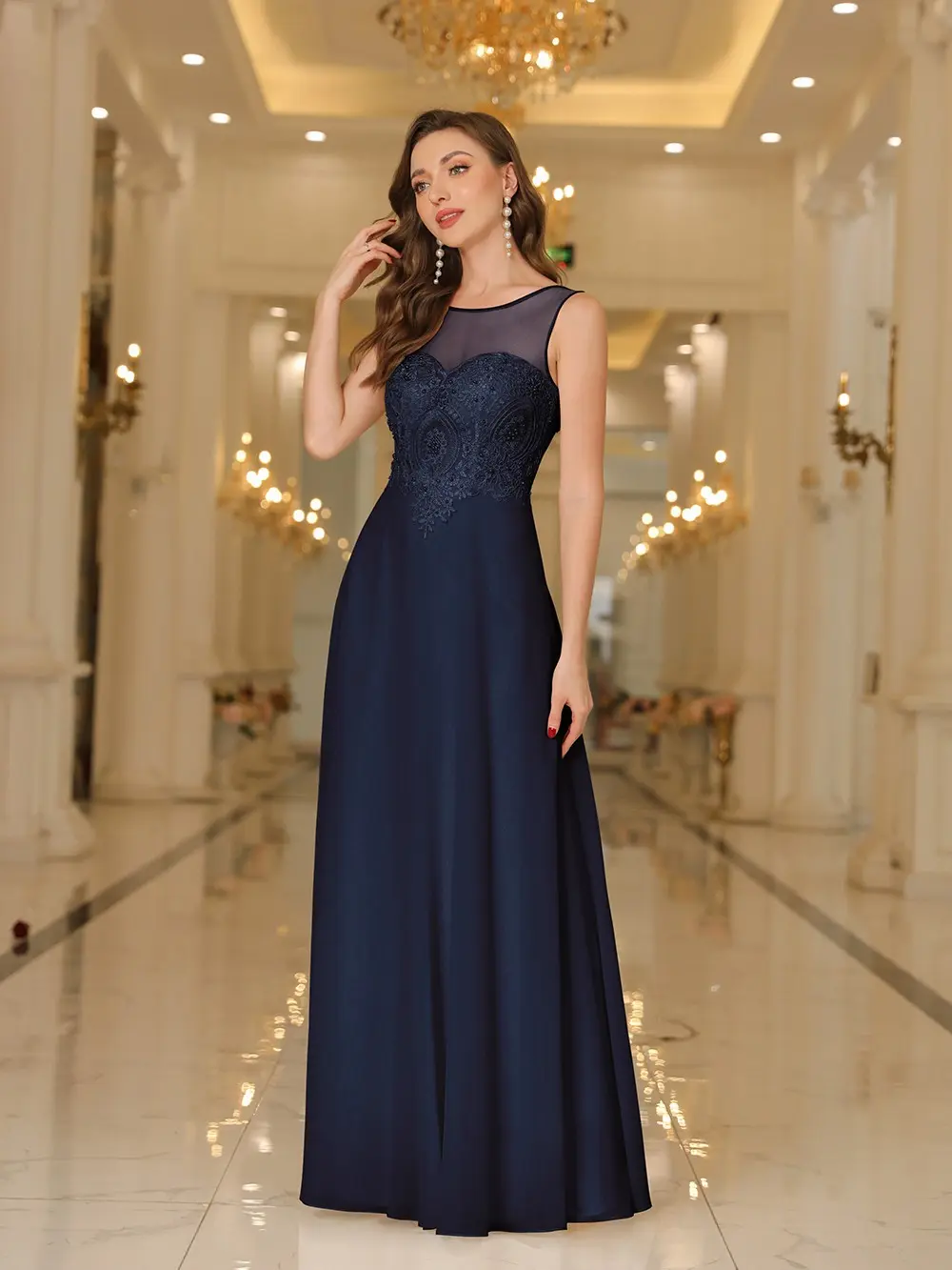 MisShow Elegant Bridesmaid Dresses Sheer Illusion O-Neck V-Backless Evening Dress Beaded Lace Appliques A-Line Long Party Gowns