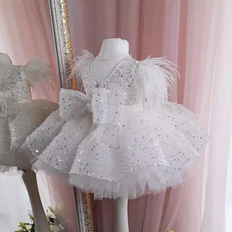 MisShow Diamond Flower Girl Dress White Glitter Sequins O-Neck V-Backless Feather Ball Gowns Bow Waist Knee-Length Party Gowns
