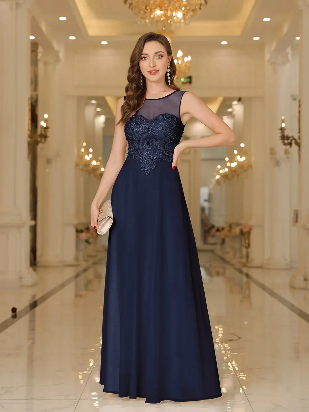 MisShow Elegant Bridesmaid Dresses Sheer Illusion O-Neck V-Backless Evening Dress Beaded Lace Appliques A-Line Long Party Gowns