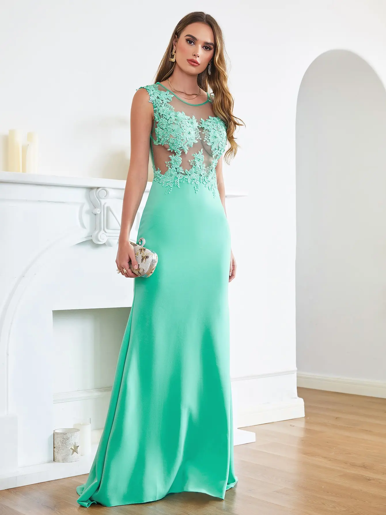 MisShow Malachite Green Evening Dress Sheer Illusion Lace Appliques O-Neck Backless Mermaid Dress Empire Sheath Train Vestidos