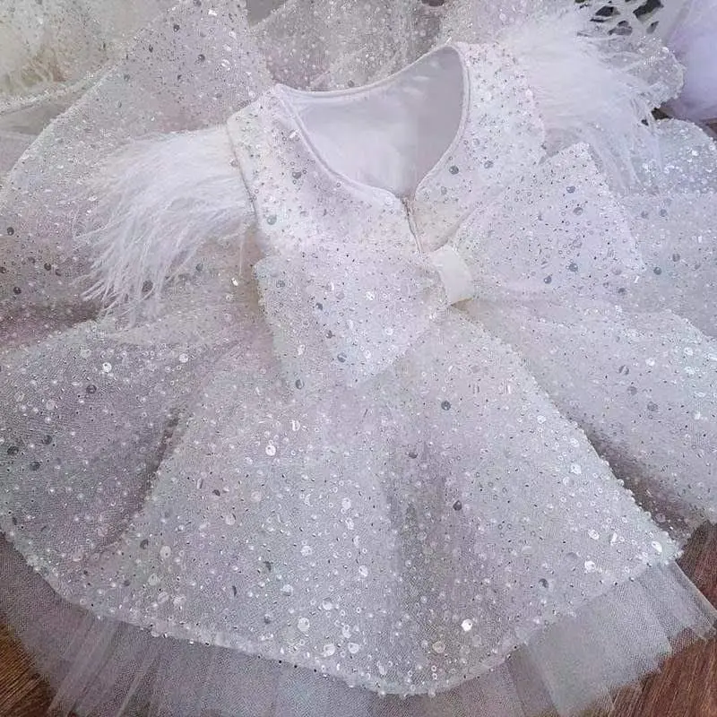 MisShow Diamond Flower Girl Dress White Glitter Sequins O-Neck V-Backless Feather Ball Gowns Bow Waist Knee-Length Party Gowns