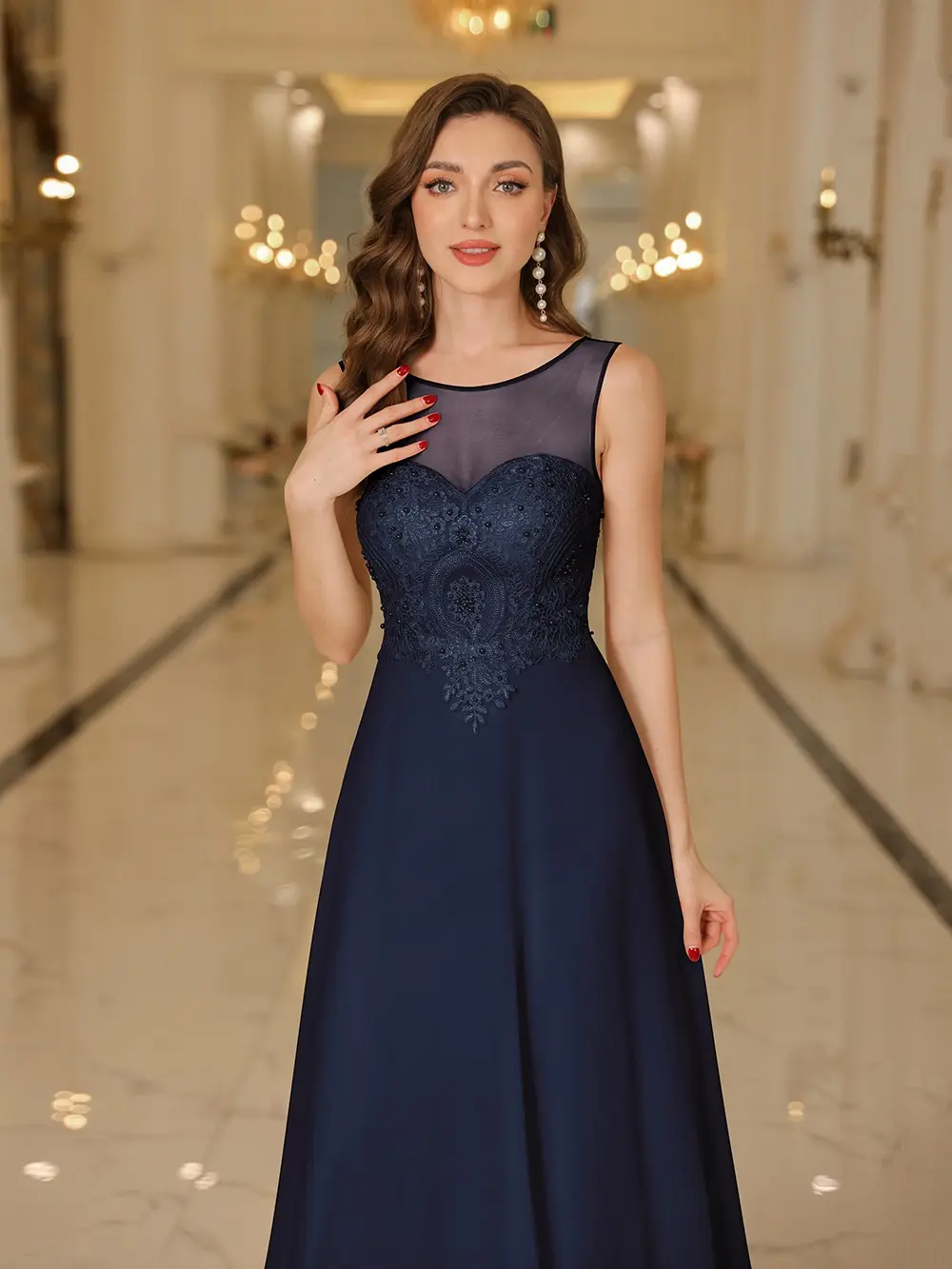 MisShow Elegant Bridesmaid Dresses Sheer Illusion O-Neck V-Backless Evening Dress Beaded Lace Appliques A-Line Long Party Gowns
