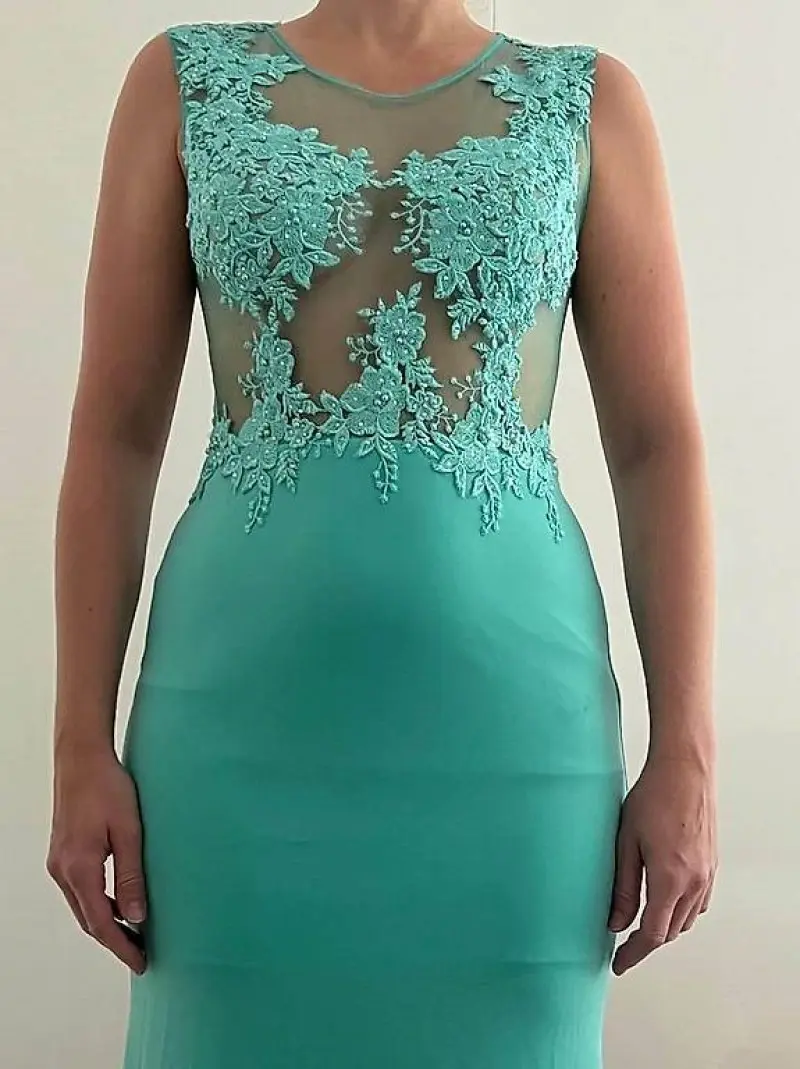 MisShow Malachite Green Evening Dress Sheer Illusion Lace Appliques O-Neck Backless Mermaid Dress Empire Sheath Train Vestidos