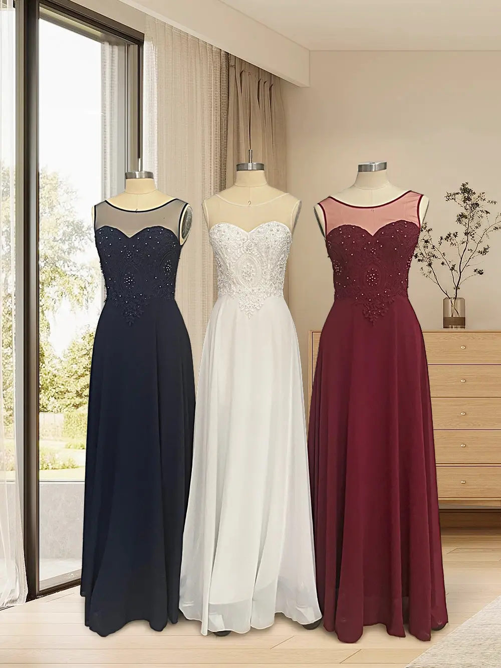 MisShow Elegant Bridesmaid Dresses Sheer Illusion O-Neck V-Backless Evening Dress Beaded Lace Appliques A-Line Long Party Gowns