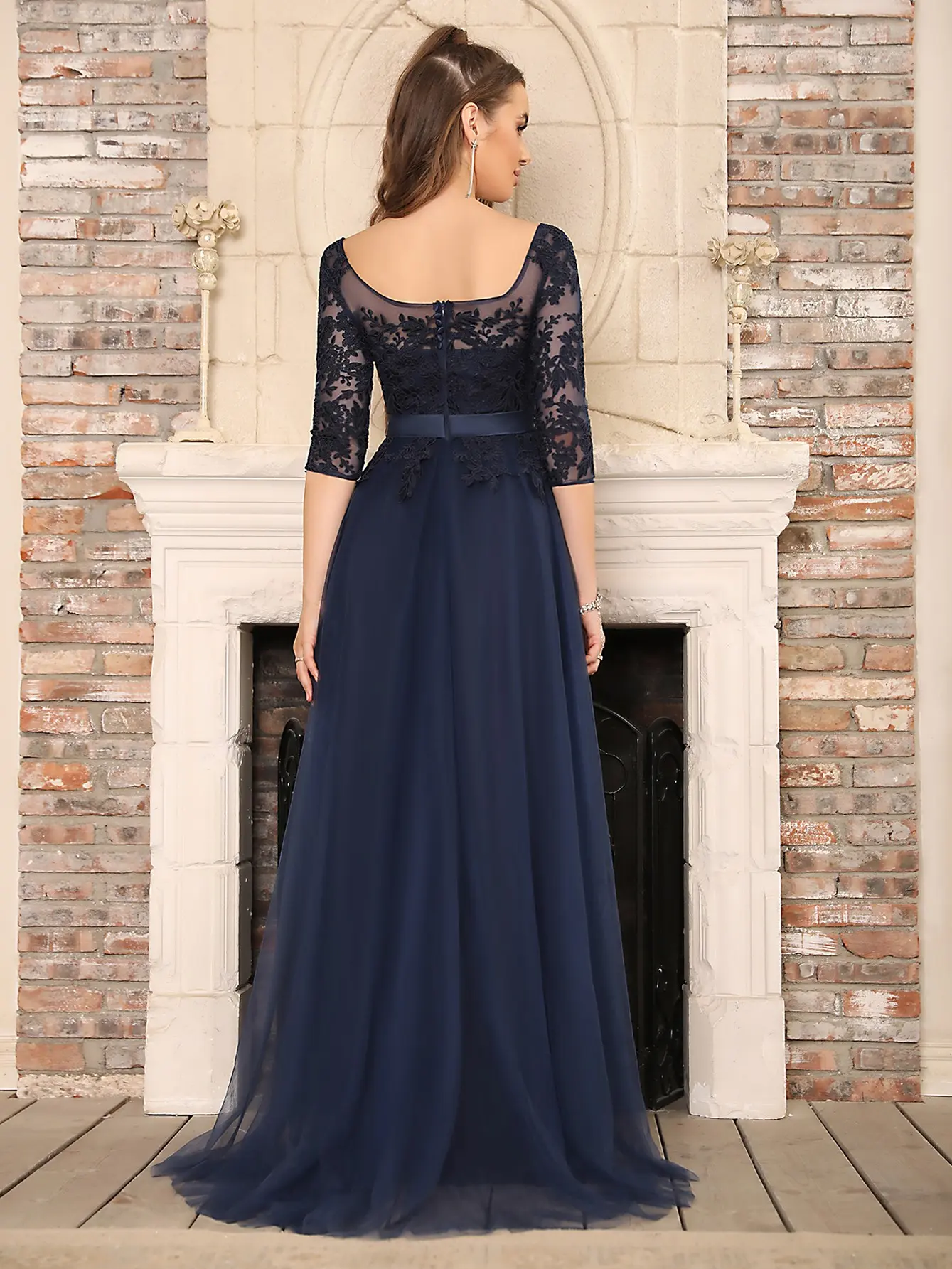 Navy Blue Tulle Bridesmaid Dresses Lace Applique Half Sleeve High Split Pink Burgundy Wedding Guest Evening Party Prom Gowns