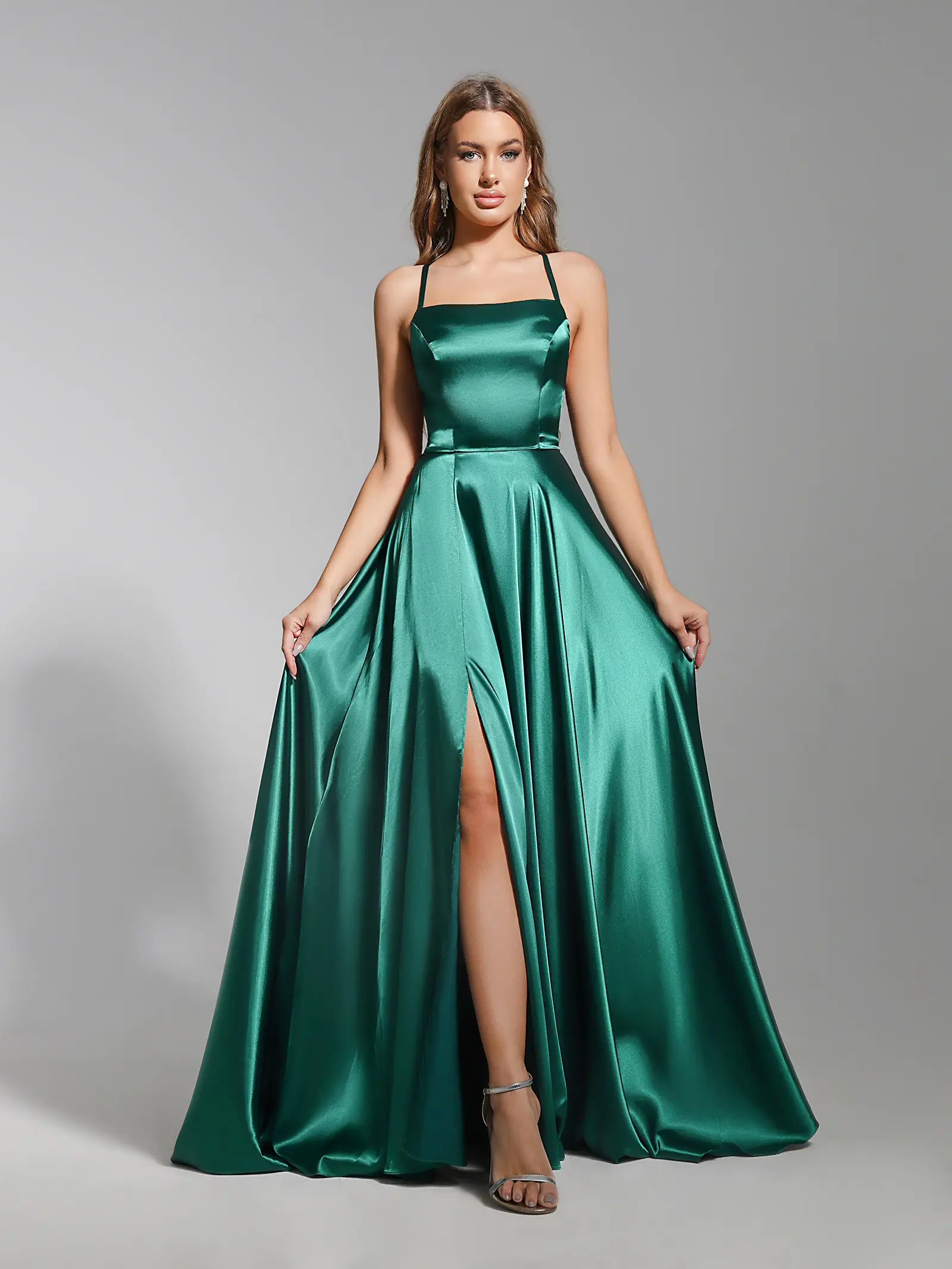 Women Sexy Prom Dresses Lace-Up Spaghetti Straps Backless Sling Evening Dress Satin A-Line High Split Maxi Train Party Gowns
