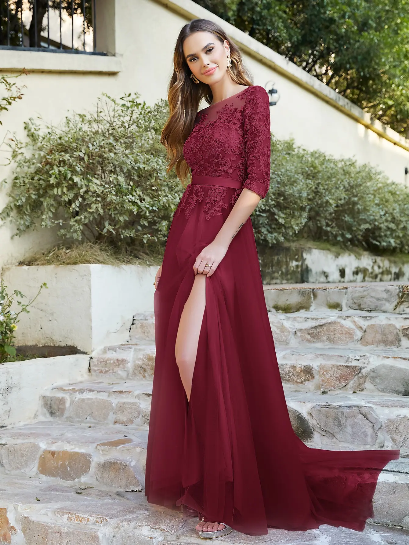 Navy Blue Tulle Bridesmaid Dresses Lace Applique Half Sleeve High Split Pink Burgundy Wedding Guest Evening Party Prom Gowns
