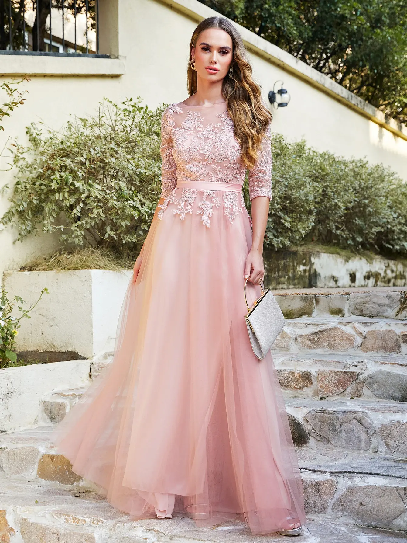 Navy Blue Tulle Bridesmaid Dresses Lace Applique Half Sleeve High Split Pink Burgundy Wedding Guest Evening Party Prom Gowns