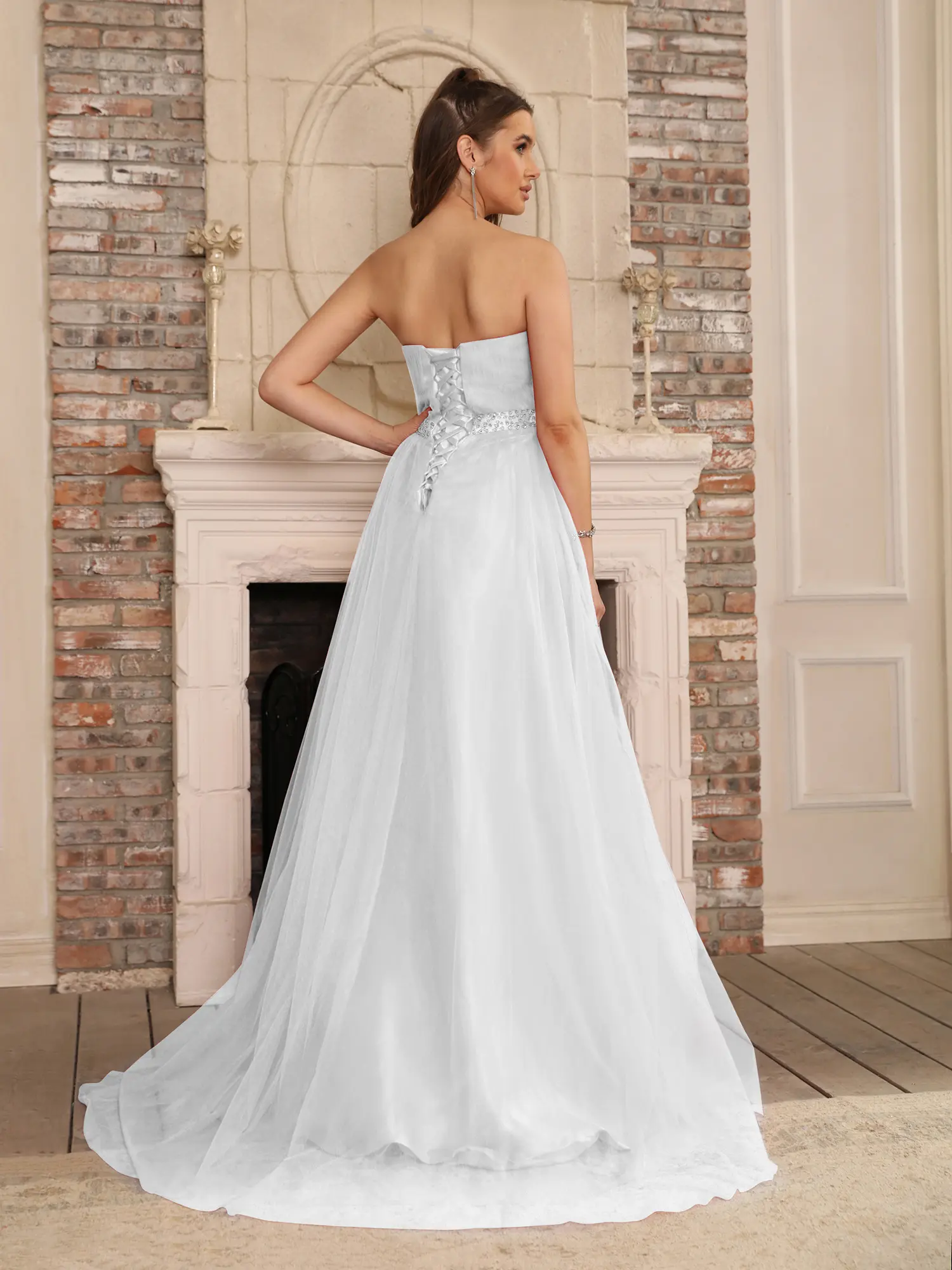 MisShow Tulle Evening Dresses Tube Top Sweetheart Collar Lace-Up Back Prom Gowns Crystal Sequined Waist Maxi Train Wedding Dress