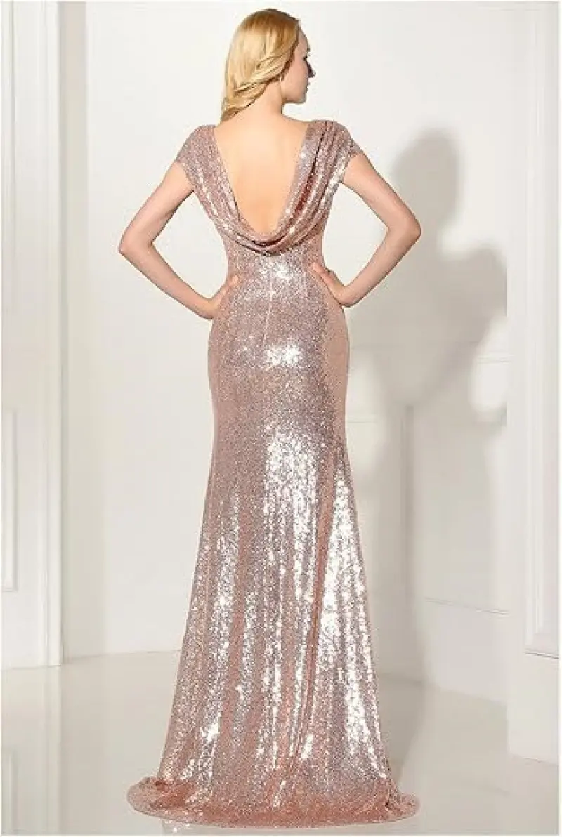 MisShow Mermaid Evening Dress Sparkling Sequins O-Neck Short Sleeve Sexy Backless Prom Dresses Empire Floor-Length Formal Gowns