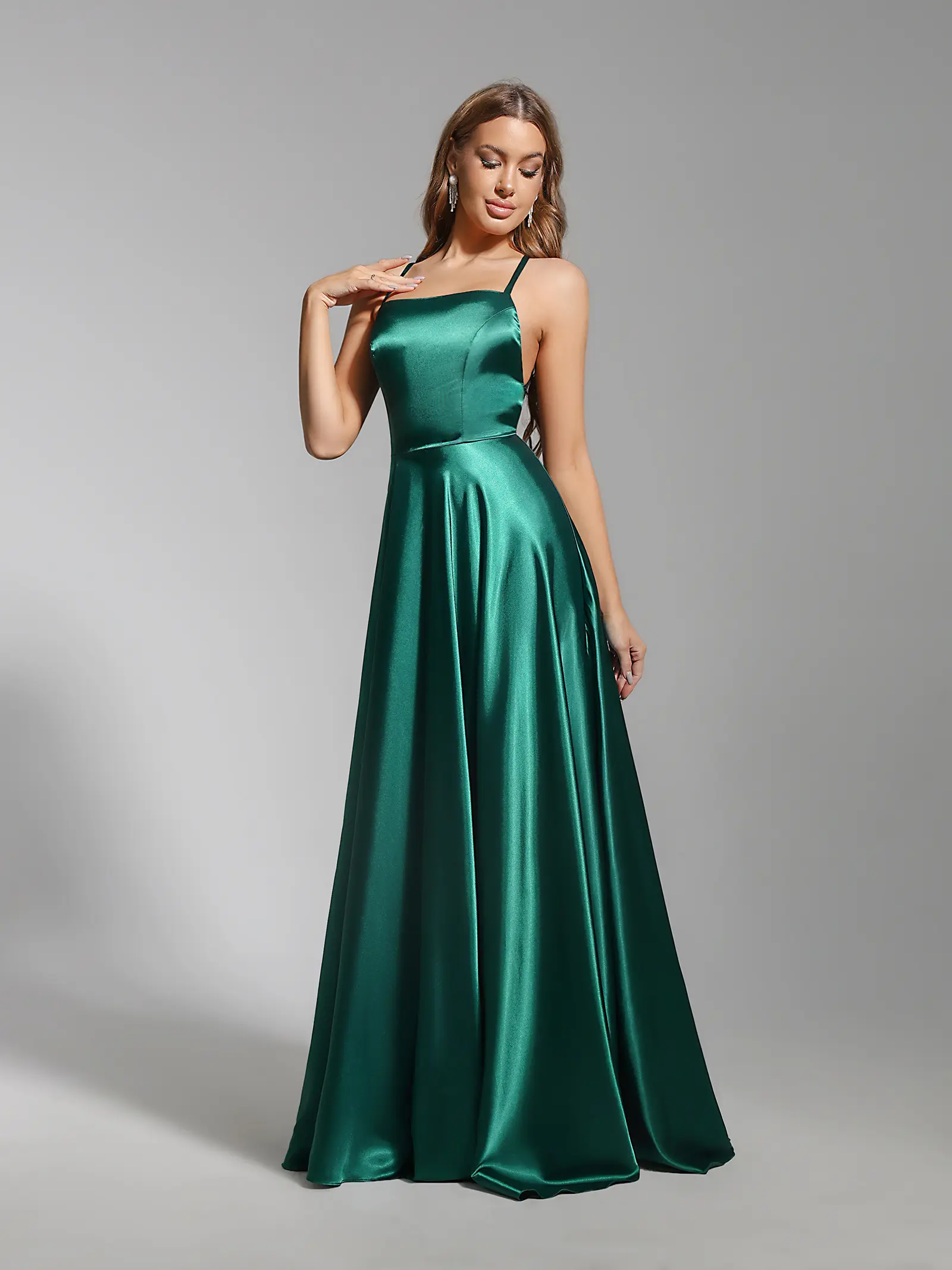 Women Sexy Prom Dresses Lace-Up Spaghetti Straps Backless Sling Evening Dress Satin A-Line High Split Maxi Train Party Gowns