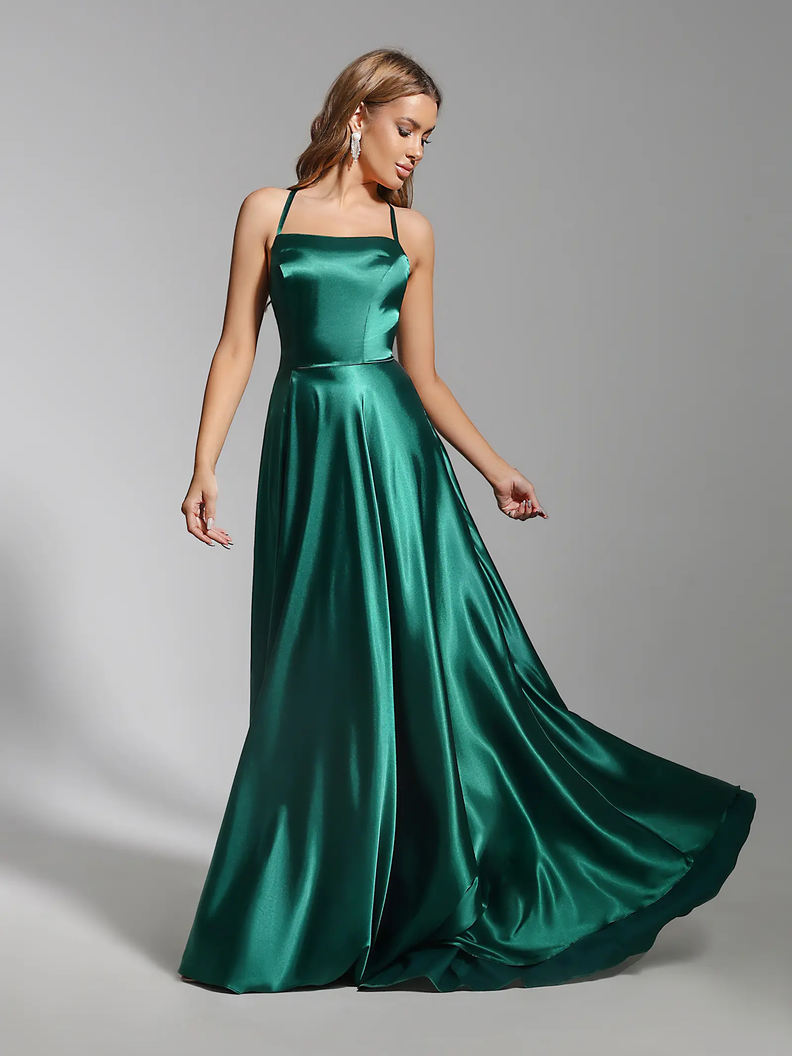 Women Sexy Prom Dresses Lace-Up Spaghetti Straps Backless Sling Evening Dress Satin A-Line High Split Maxi Train Party Gowns