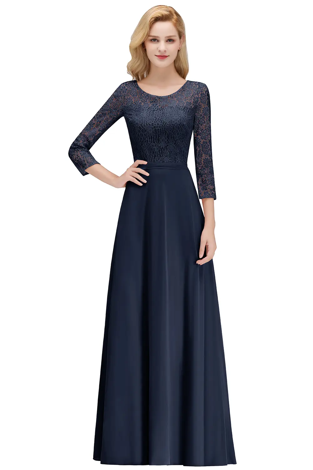 MisShow Elegant Evening Dresses Floral Lace 3/4 Sleeve O-Neck Zipper Back Prom Dress Chiffon Empire A-Line Long Party Vestido