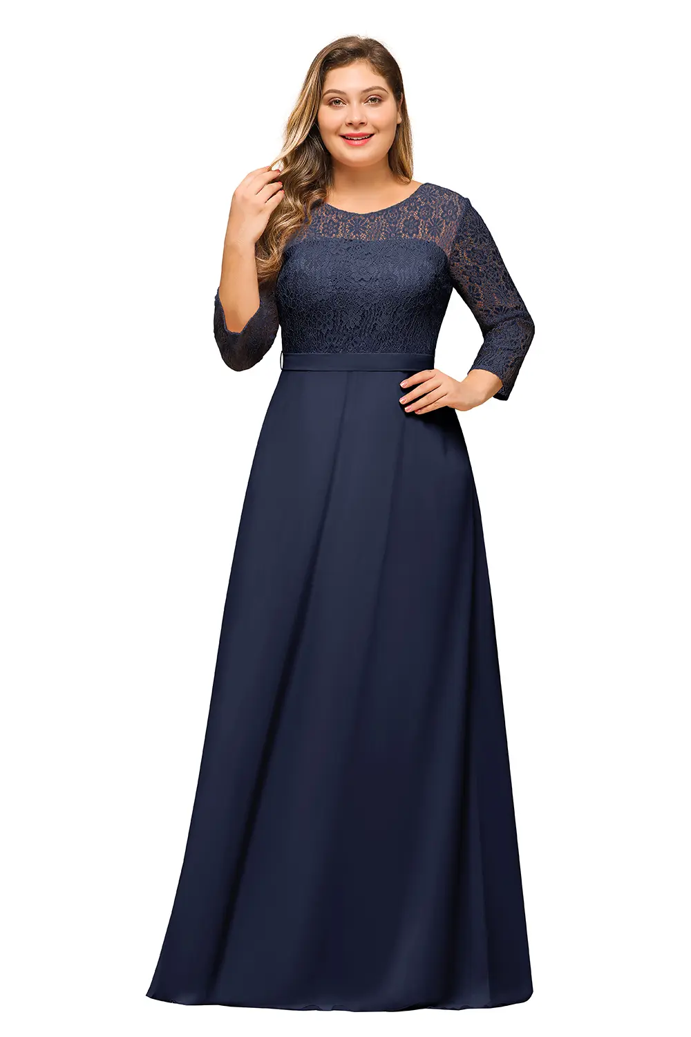 MisShow Elegant Evening Dresses Floral Lace 3/4 Sleeve O-Neck Zipper Back Prom Dress Chiffon Empire A-Line Long Party Vestido
