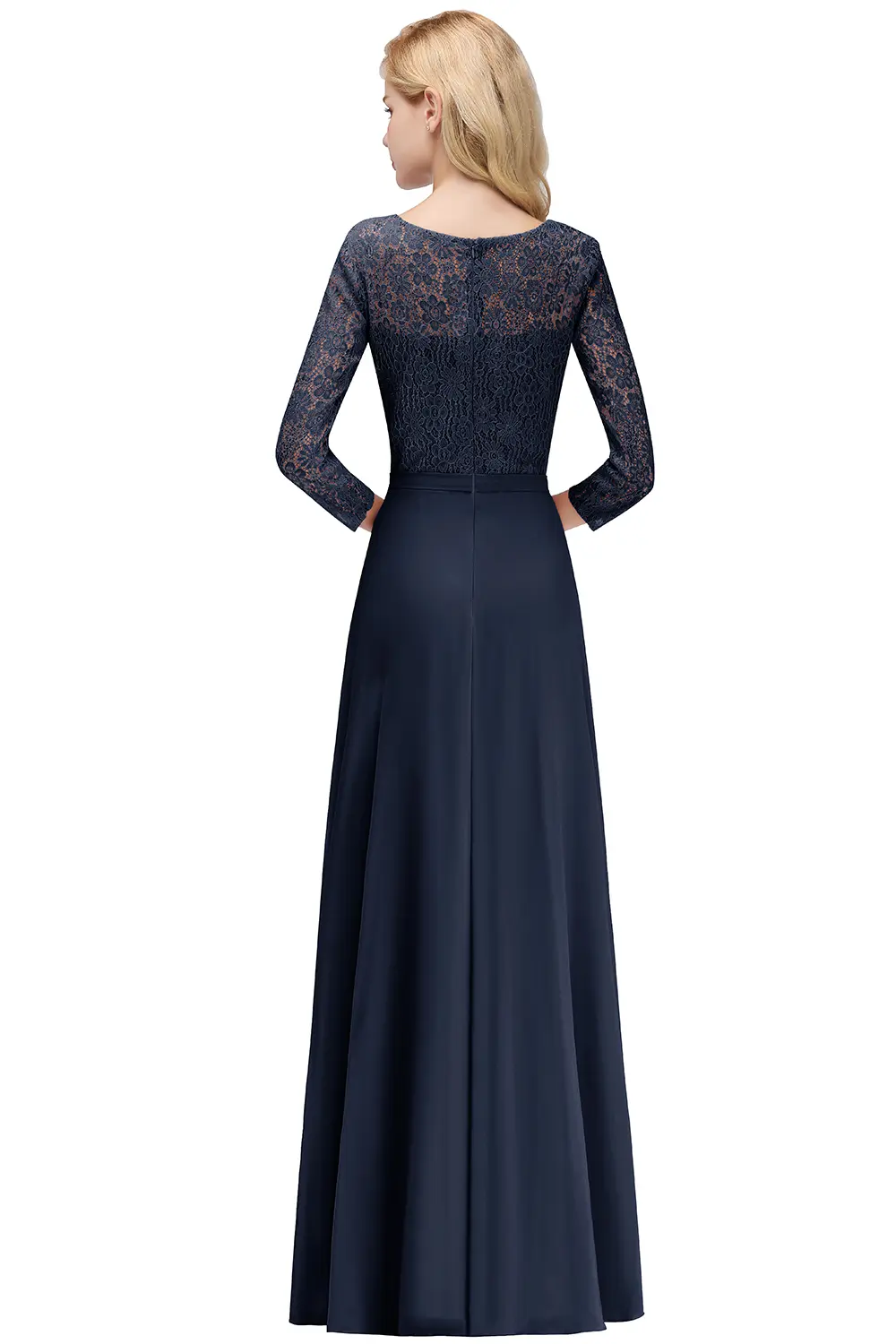 MisShow Elegant Evening Dresses Floral Lace 3/4 Sleeve O-Neck Zipper Back Prom Dress Chiffon Empire A-Line Long Party Vestido
