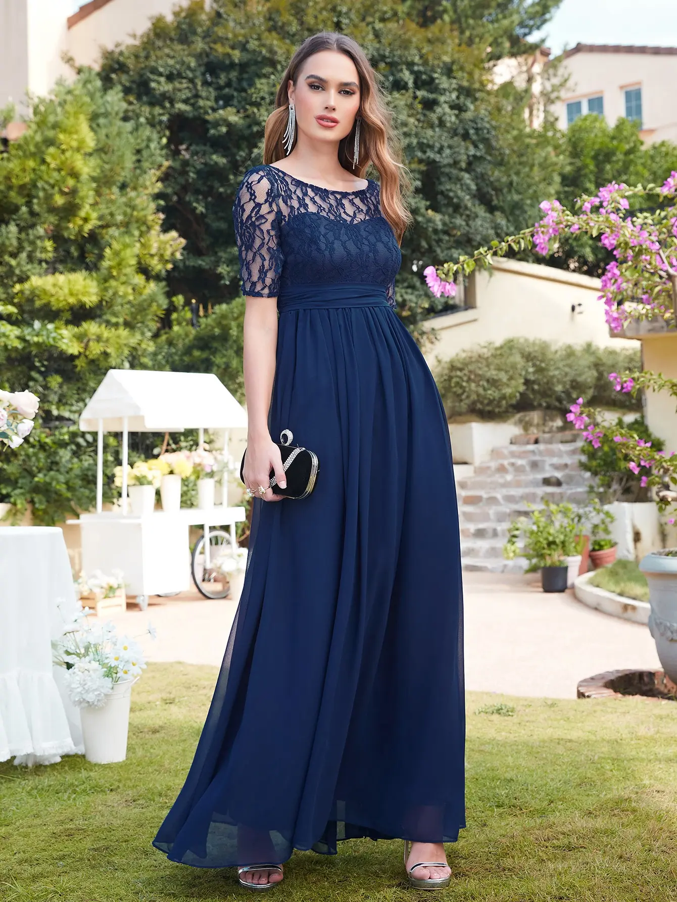 Navy Blue Lace Chiffon Bridesmaid Dresses Long Scoop Neck Half Sleeve Burgundy Formal Wedding Party Prom Gowns Vestido De Fiesta