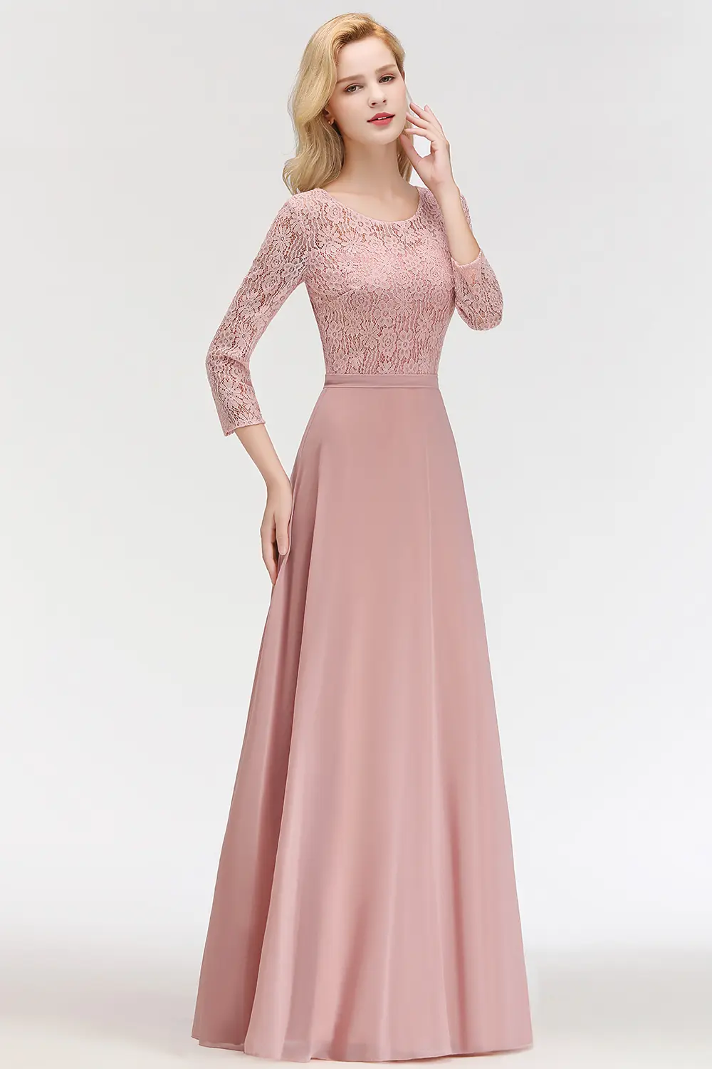 MisShow Elegant Evening Dresses Floral Lace 3/4 Sleeve O-Neck Zipper Back Prom Dress Chiffon Empire A-Line Long Party Vestido