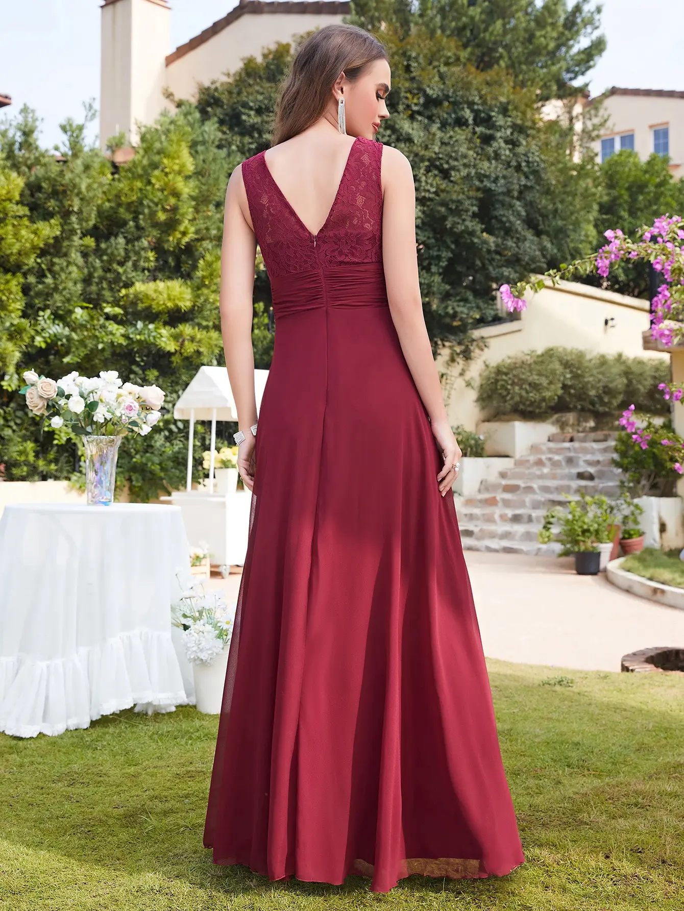 Lace Chiffon Long Bridesmaid Dresses Pleat Sexy V Back Elegant Formal Evening Party Prom Gown Bridal With Sashes Vestido De Gala