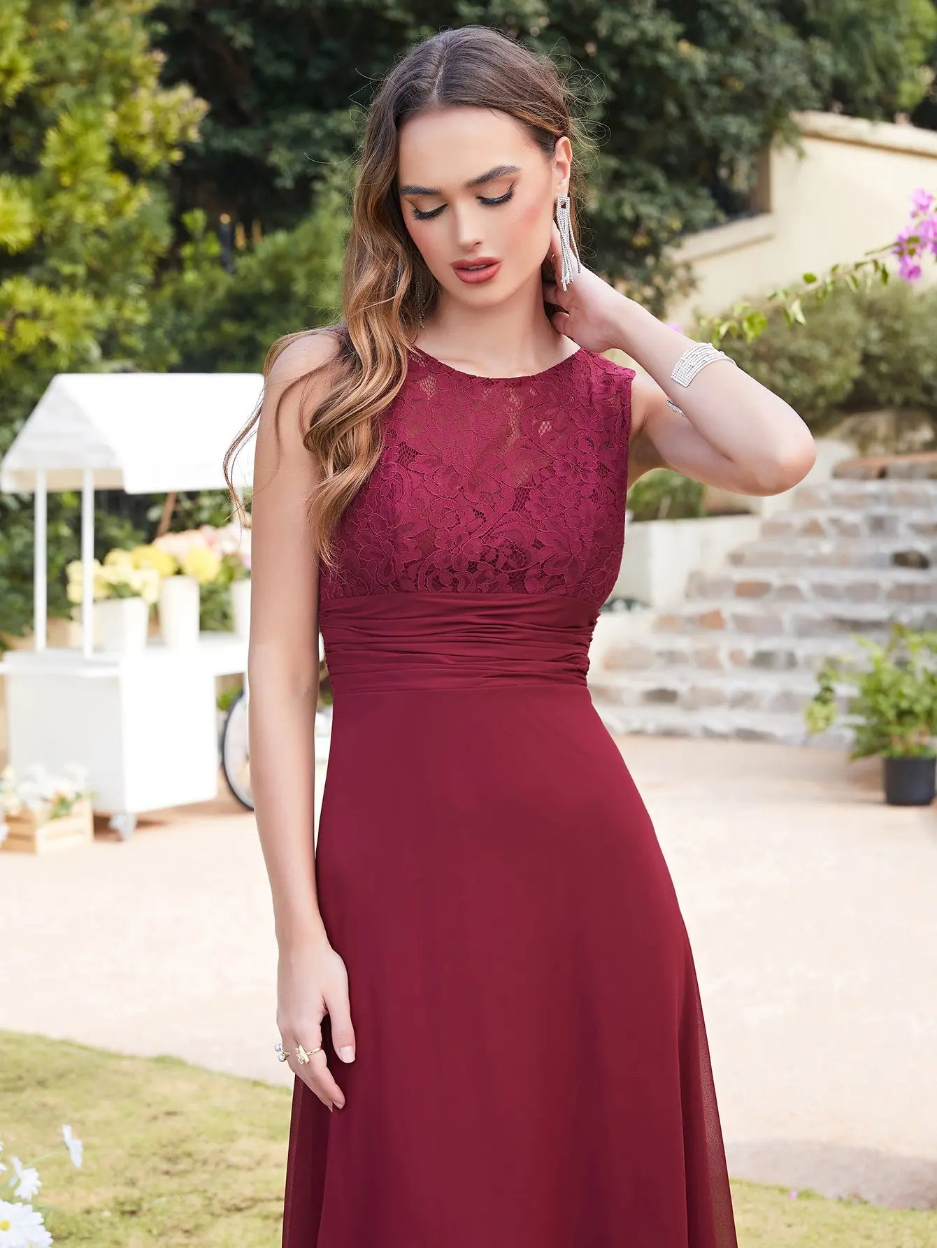 Lace Chiffon Long Bridesmaid Dresses Pleat Sexy V Back Elegant Formal Evening Party Prom Gown Bridal With Sashes Vestido De Gala