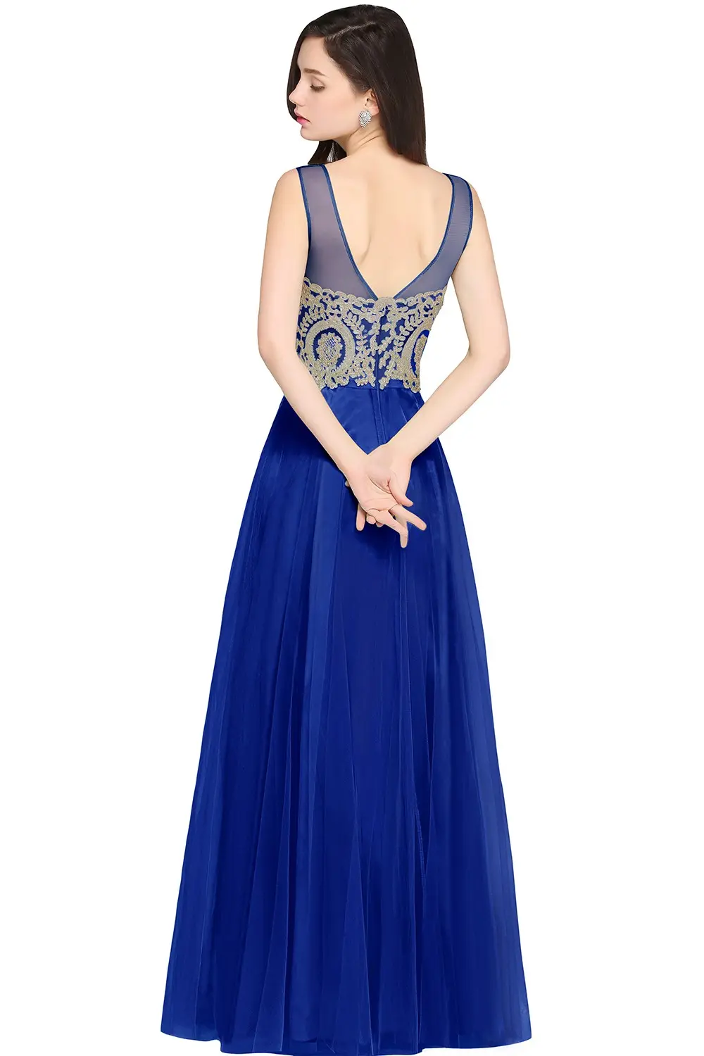 Luxury Appliques Lace Evening Dresses Beaded Tulle Embroidery A Line Illusion Formal Party Prom Gowns For Bride Vestido De Festa