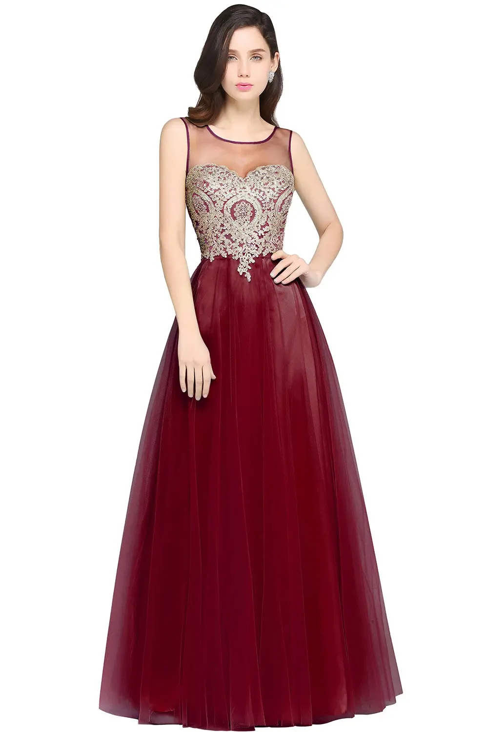 Luxury Appliques Lace Evening Dresses Beaded Tulle Embroidery A Line Illusion Formal Party Prom Gowns For Bride Vestido De Festa