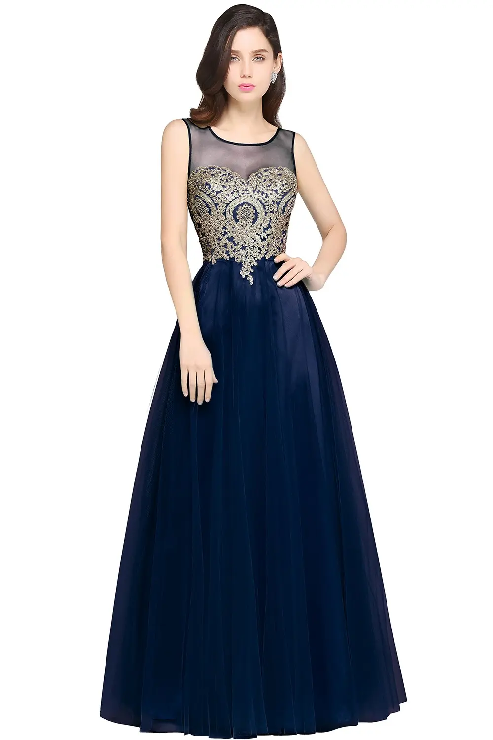 Luxury Appliques Lace Evening Dresses Beaded Tulle Embroidery A Line Illusion Formal Party Prom Gowns For Bride Vestido De Festa