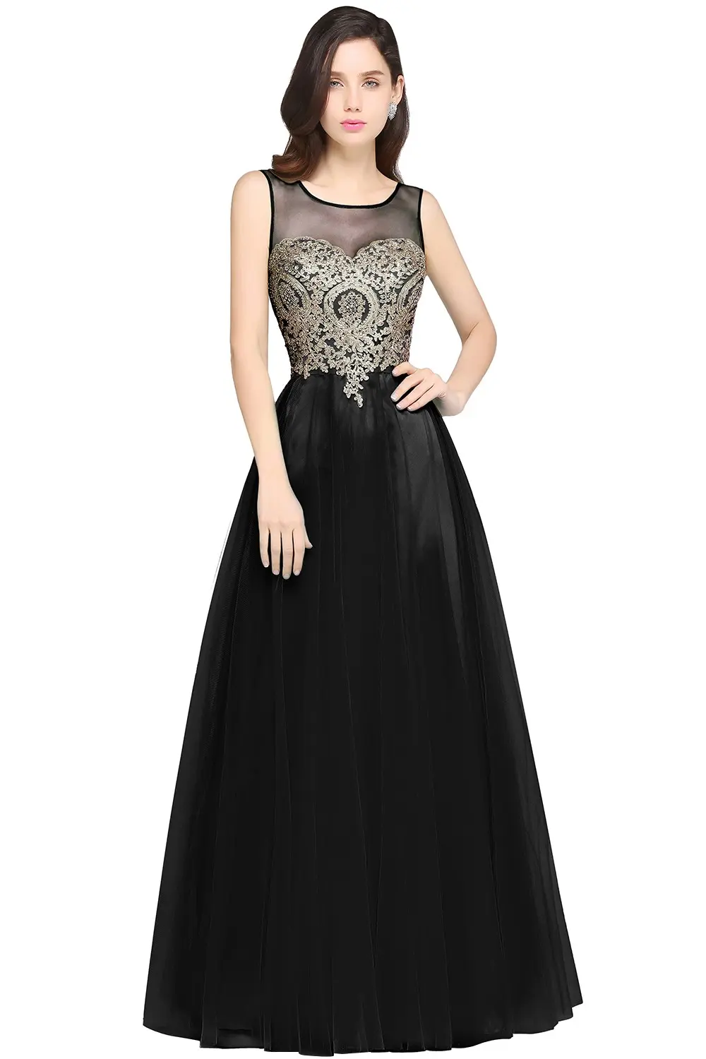 Luxury Appliques Lace Evening Dresses Beaded Tulle Embroidery A Line Illusion Formal Party Prom Gowns For Bride Vestido De Festa