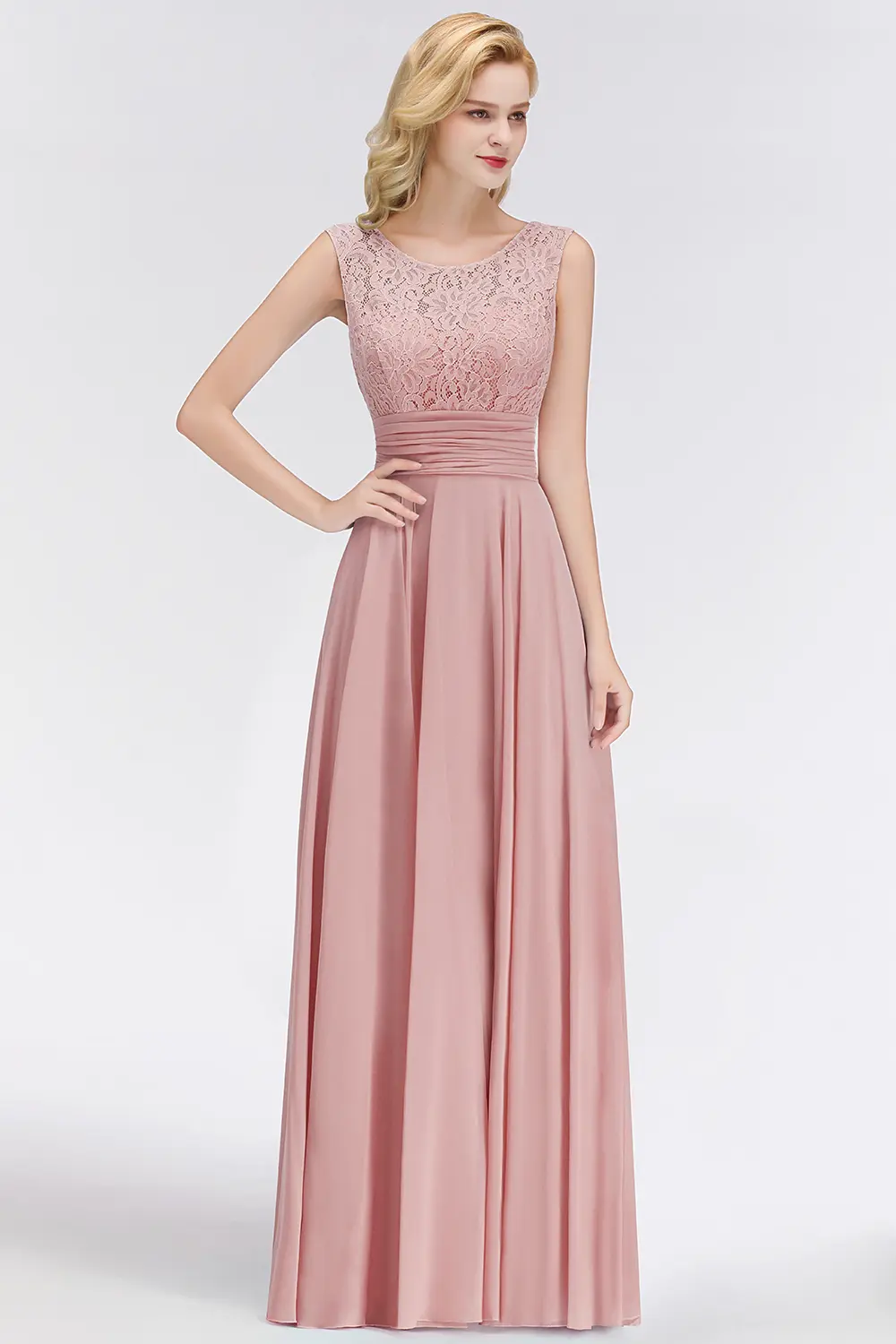 MisShow Elegant Prom Dresses Floral Lace O-Neck Sleeveless Sexy Backless Evening Dress Chiffon Pleated Empire Formal Party Gowns