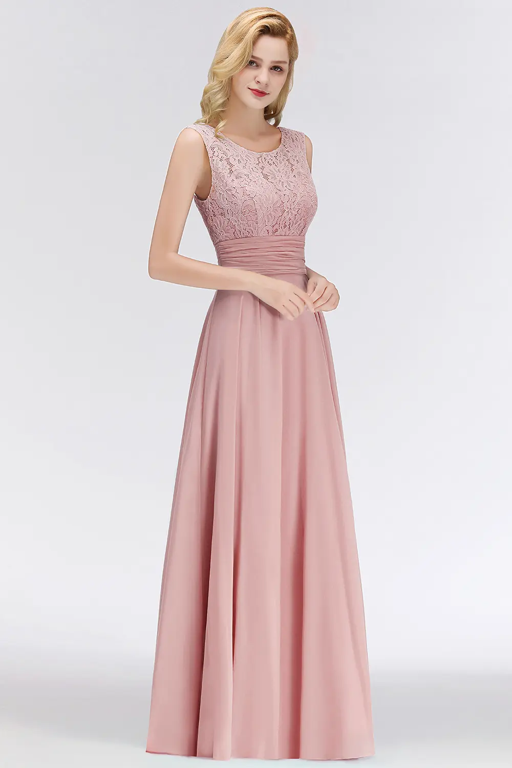 MisShow Elegant Prom Dresses Floral Lace O-Neck Sleeveless Sexy Backless Evening Dress Chiffon Pleated Empire Formal Party Gowns