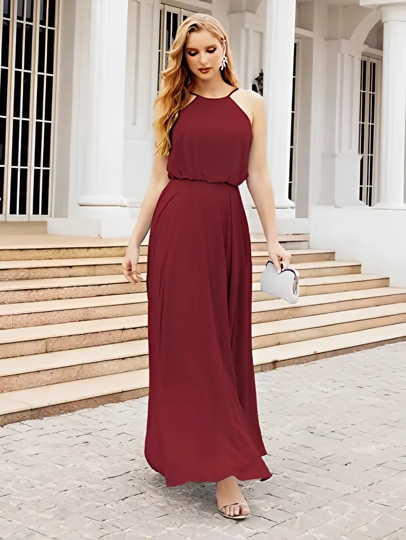 MisShow Halter Evening Dress Simple Strapless O-Neck Sleeveless Prom Dress Pleated Elastic Empire A-Line Long Formal Party Gowns