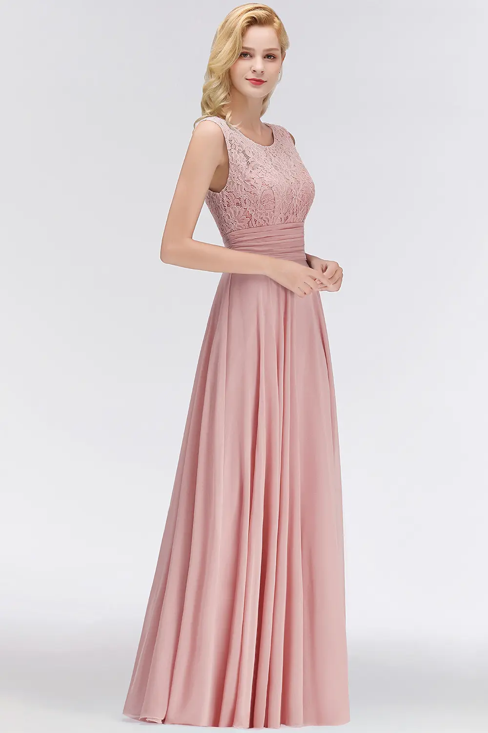 MisShow Elegant Prom Dresses Floral Lace O-Neck Sleeveless Sexy Backless Evening Dress Chiffon Pleated Empire Formal Party Gowns