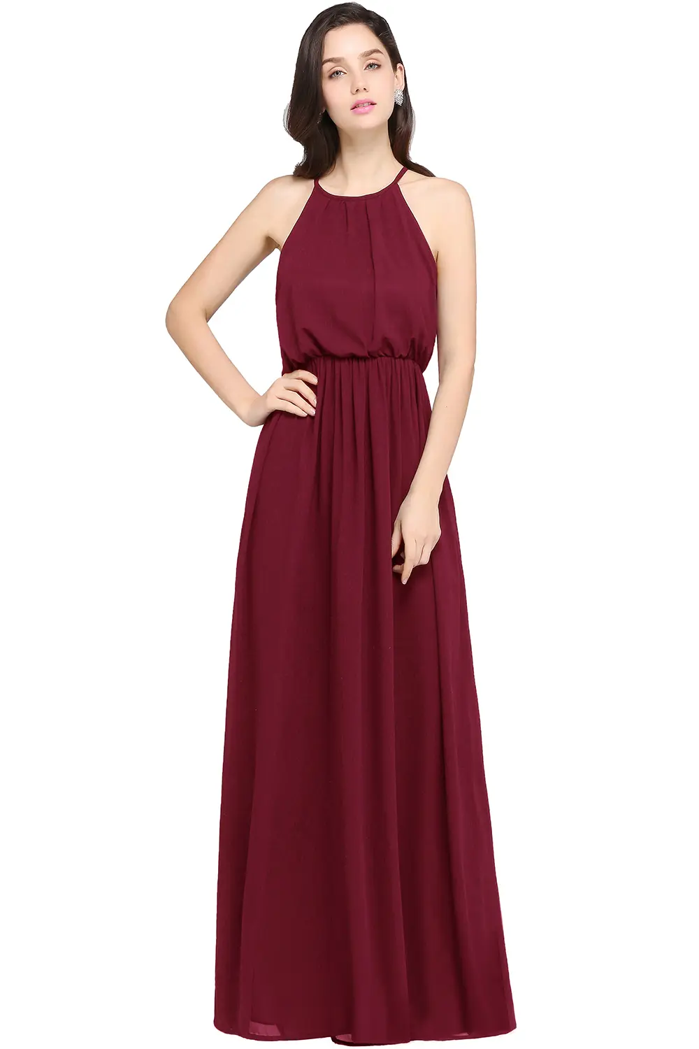 MisShow Halter Evening Dress Simple Strapless O-Neck Sleeveless Prom Dress Pleated Elastic Empire A-Line Long Formal Party Gowns