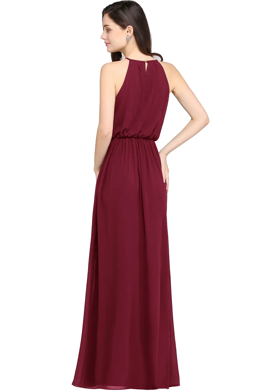 MisShow Halter Evening Dress Simple Strapless O-Neck Sleeveless Prom Dress Pleated Elastic Empire A-Line Long Formal Party Gowns