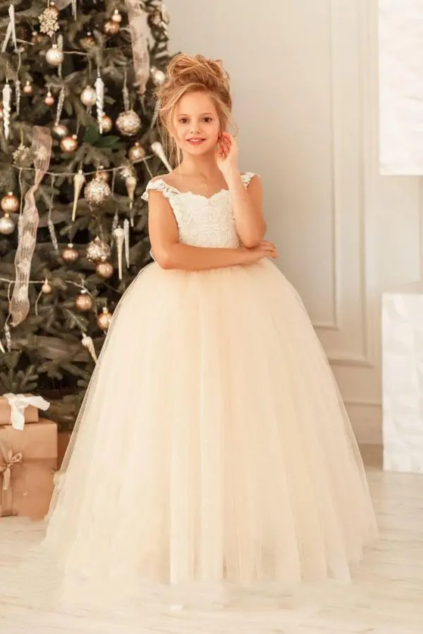 Tulle Lace Flower Girl Dresses Long Train With Bow Birthday Wedding Party Princess Banquet Ball Gown Kids Dresses For Girls 2024