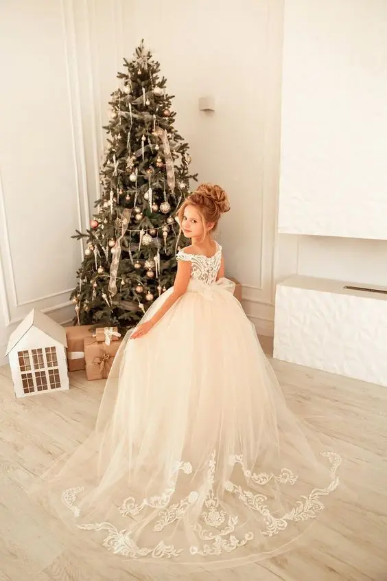 Tulle Lace Flower Girl Dresses Long Train With Bow Birthday Wedding Party Princess Banquet Ball Gown Kids Dresses For Girls 2024