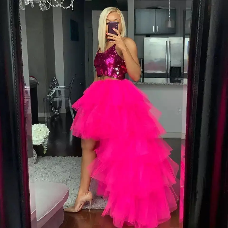 Multi-layer Skirt Fashion Women High Low Tulle Long Skirt Sweet Hem Cake Skirt Irregular Wedding Party Petticoat Birthday Outfit
