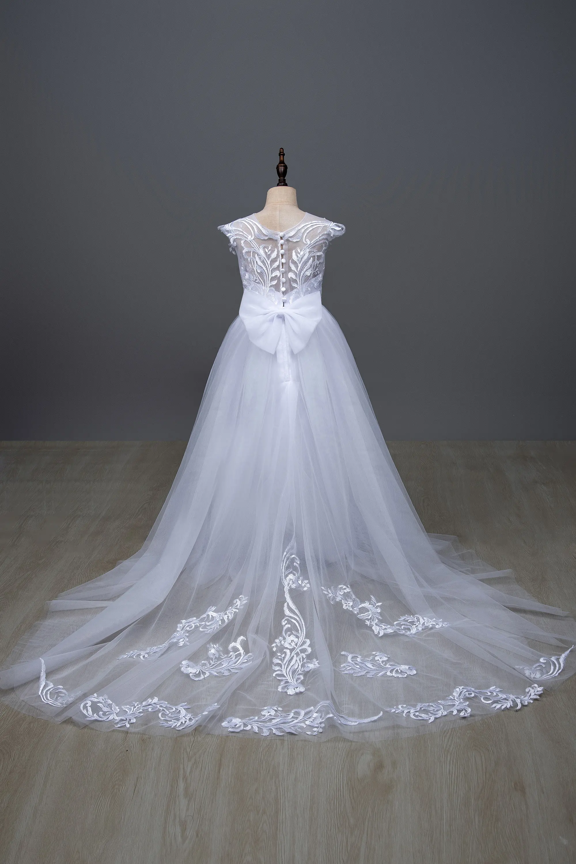 Tulle Lace Flower Girl Dresses Long Train With Bow Birthday Wedding Party Princess Banquet Ball Gown Kids Dresses For Girls 2024