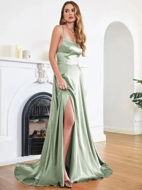 Dusty Pink Spaghetti Straps Satin Prom Dresses With Slit Sexy Backless Halter Neck A Line Evening Party Gown Vestidos De Fiesta