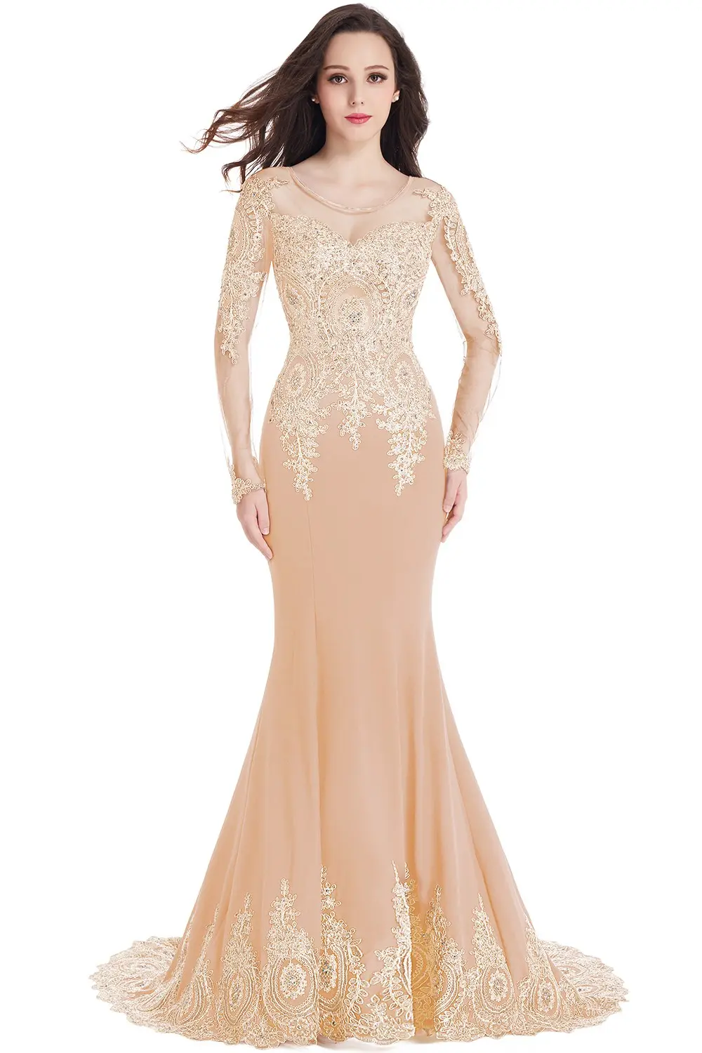 Mermaid Prom Dresses Women Beading Long Sleeve Backless Elegant Lace Applique Formal Evening Party Gown For Bride Robe De Soirée