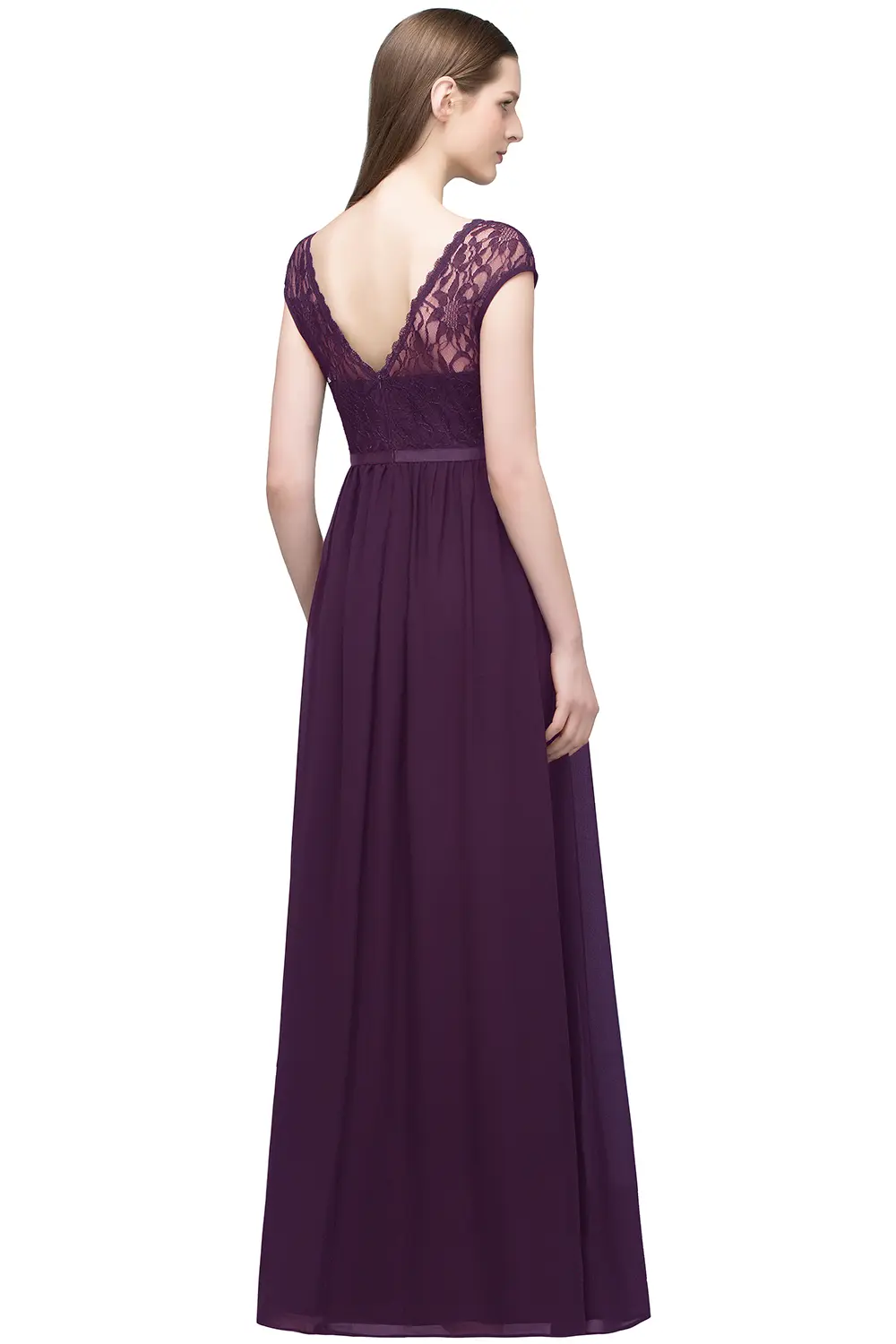 Purple Lace Chiffon Evening Dresses For Women A Line O Neck Backless Navy Blue Cap Sleeve Long Formal Wedding Party Prom Gowns